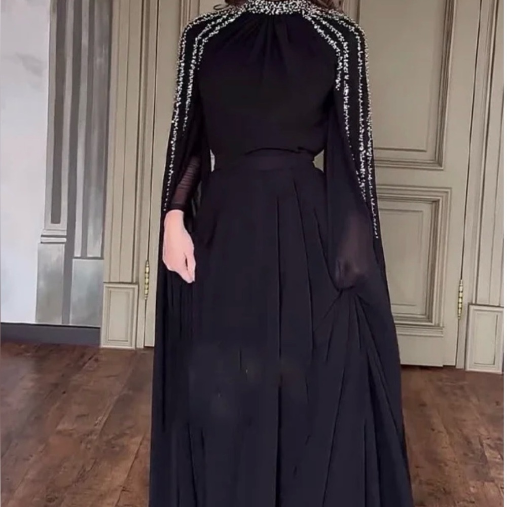 Chic Black Long Sleeve Dress with Beaded Accents